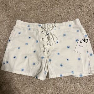 Forever 21 White Lace-Up Shorts with Light Blue Floral Embroidery